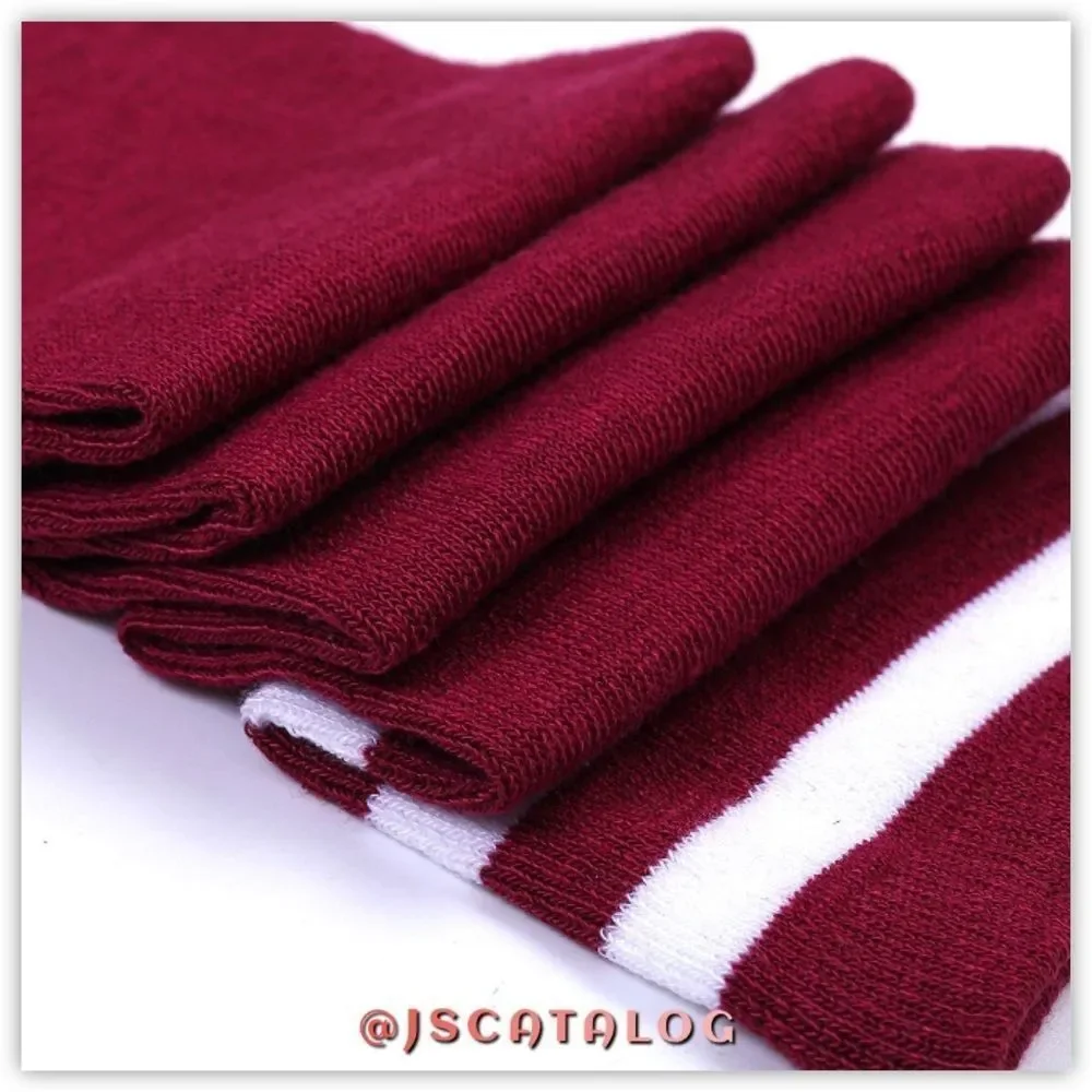 Wine Red w/ White Stripes Cotton Thigh High Socks